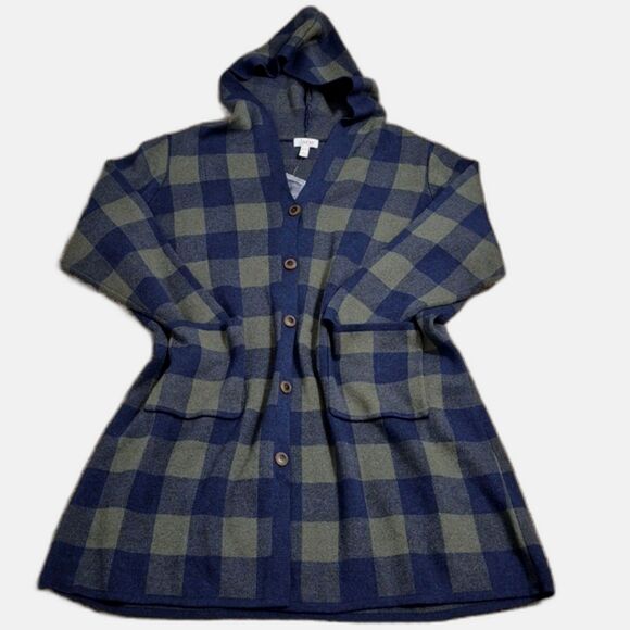 Denim & Co. Plaid Hooded Cardigan 3XP Blue Green Checker Button Front Cozy Knit - Picture 1 of 8